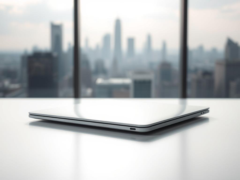 a sleek, ultra-thin laptop rests on a minimalist, white desktop, its sharp edges and slim profile accentuated by the soft, directional lighting. the laptop's shiny, metallic surface reflects the clean, modern workspace, while its thin, tapered design conveys a sense of portability and power. in the background, a blurred cityscape provides a sophisticated, urban backdrop, hinting at the laptop's versatility for both professional and personal use. the image captures the essence of the latest in lightweight, high-performance laptop technology, perfectly suited for the modern, on-the-go lifestyle.