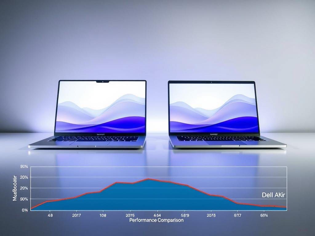 A sleek, well-lit desktop workspace with a side-by-side comparison of two state-of-the-art laptops: the M2 MacBook Air and the Dell XPS. The laptops are positioned prominently, their elegant designs and vibrant displays illuminated by soft, directional lighting. In the foreground, a stylized graph or chart visually depicts their performance metrics, emphasizing key benchmarks. The background features a clean, minimalist setting, perhaps with a subtle gradient or texture, allowing the laptops to take center stage. The overall composition exudes a sense of sophistication, clarity, and technical prowess, perfectly suited to illustrate the "Performance Comparison" section of the laptop review article.