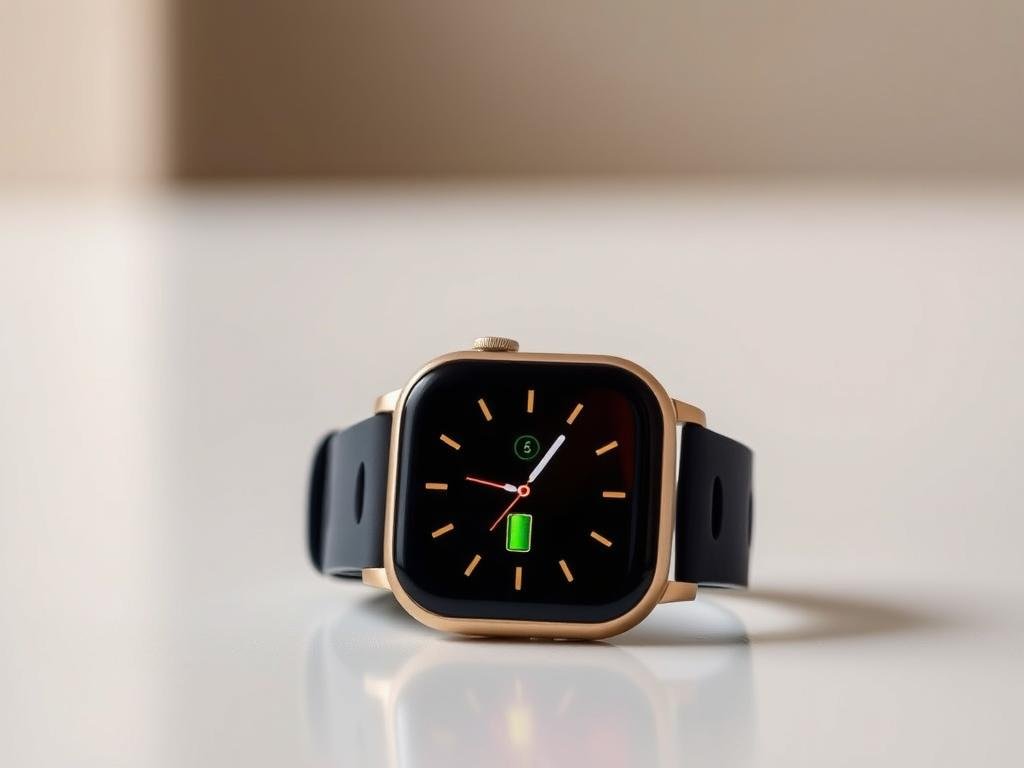 a smartwatch with its battery life meter extending outward, casting a warm, golden glow. the device is positioned in the foreground, resting on a clean, minimalist surface. the background is softly blurred, creating a sense of depth and focus on the battery indicator. the lighting is natural and diffused, creating a calming, professional atmosphere. the angle is slightly elevated, giving the image a sense of authority and confidence. the overall aesthetic is sleek, modern, and visually engaging, reflecting the subject of the article's section on creator-approved battery strategies.
