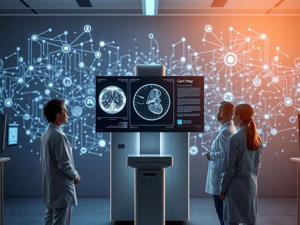 A state-of-the-art medical imaging system stands at the center, surrounded by a team of healthcare professionals examining the detailed scan displayed on a large touchscreen monitor. The foreground is illuminated by soft, directional lighting, creating a sense of focus and professionalism. In the background, a network of interconnected digital devices and data streams visualize the flow of information powering the machine learning algorithms that enable this advanced healthcare technology. The overall atmosphere conveys a blend of cutting-edge innovation, human expertise, and a commitment to patient-centric care.