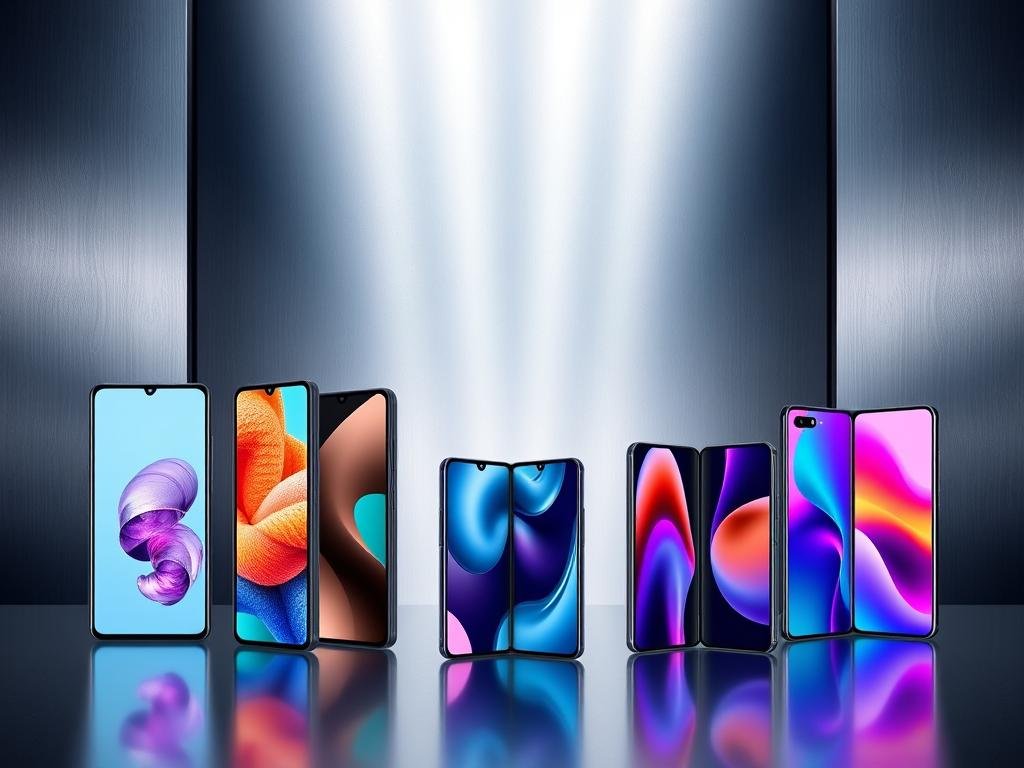 a striking lineup of next-generation foldable smartphones against a sleek, metallic backdrop. in the foreground, a samsung galaxy z fold 7 and z flip 5 are elegantly displayed, their dynamic hinge mechanisms and vibrant, edge-to-edge displays showcased in crisp detail. in the middle ground, a google pixel fold and an oppo find n3 are positioned, their unique folding mechanisms and ergonomic designs highlighted by dramatic side lighting. in the background, a xiaomi mi fold 2 and a motorola razr 2025 are subtly visible, their innovative form factors hinting at the rapid evolution of the foldable phone market. the image conveys a sense of technological sophistication and the cutting edge of mobile innovation.