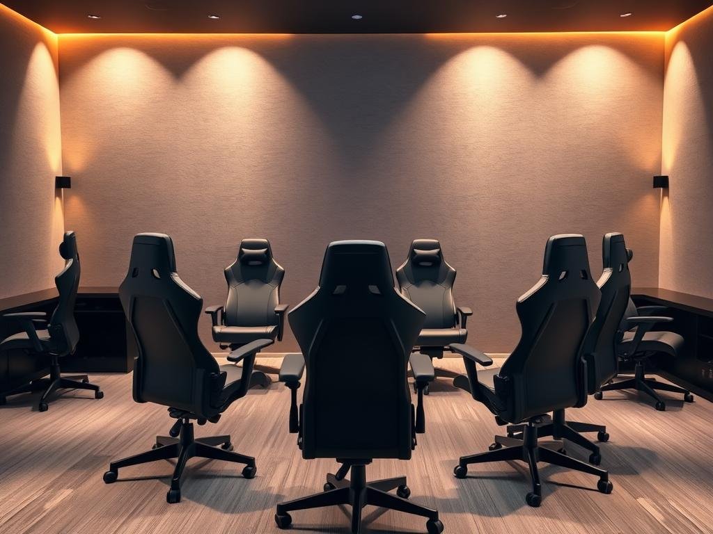 A stylish and modern gaming room, illuminated by warm, soft lighting. In the center, a collection of ergonomic gaming chairs arranged in a semi-circle, their sleek, contoured designs and adjustable features prominently displayed. The chairs feature high-density foam cushions, lumbar support, and breathable mesh backrests, creating an inviting and comfortable seating experience. In the background, a minimalist, gray-toned wall serves as a clean, uncluttered backdrop, allowing the chairs to take center stage. The overall atmosphere exudes a sense of sophistication and a dedication to both style and functionality, perfectly suited for the discerning gamer.