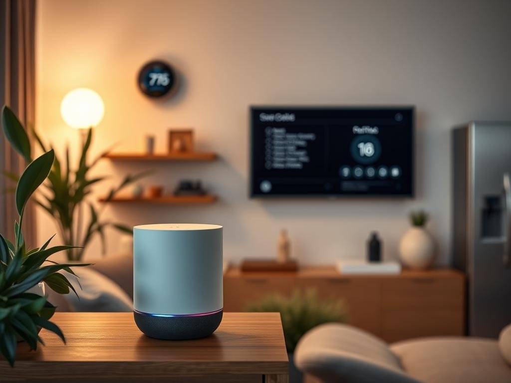 a stylish and modern smart home filled with sleek devices. in the foreground, a minimalist voice-controlled smart speaker sits atop a wooden shelf, its clean lines and muted colors blending seamlessly with the decor. in the middle ground, a wall-mounted smart display showcases customizable home controls and automation. subtle ambient lighting bathes the scene, creating a warm and inviting atmosphere. in the background, a state-of-the-art smart thermostat and iot-enabled appliances hint at the seamless integration of cutting-edge technology into the domestic space. the overall composition conveys a vision of the future of living, where smart home technology enhances everyday comfort and convenience.