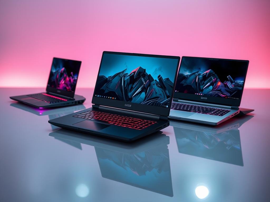 A stylish arrangement of high-performance gaming laptops on a sleek, reflective surface. The devices feature bold, angular designs with vibrant RGB lighting accents. Crisp, detailed displays showcase stunning, realistic graphics. In the background, a soft, atmospheric lighting creates a sense of sophistication and power. The laptops are positioned at dynamic angles, hinting at their immersive gaming capabilities. The overall composition exudes a balance of cutting-edge technology and elegant aesthetics, perfectly suited to showcase the pinnacle of modern gaming laptops.
