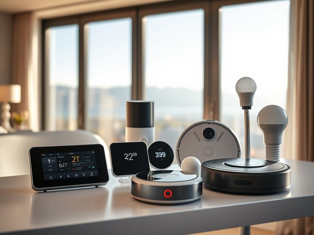 A stylish, well-lit display of state-of-the-art smart home devices arranged on a sleek, minimalist table. In the foreground, a voice-controlled smart speaker, a touchscreen control panel, and an advanced security camera. In the middle ground, a smart thermostat, a robotic vacuum cleaner, and a smart light bulb. In the background, a large window with a scenic view, bathing the scene in warm, natural lighting. The devices are depicted with a sense of seamless integration and technological sophistication, reflecting the latest advancements in home automation and connectivity.