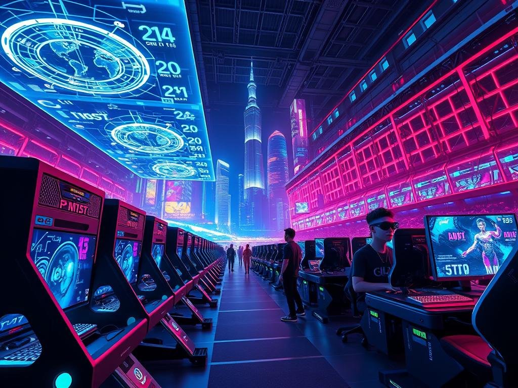 A vast, neon-lit arena filled with futuristic gaming stations and holographic displays. In the foreground, sleek, angular gaming rigs adorned with intricate LED patterns and advanced cooling systems. Hovering above, holographic interfaces project real-time match data and player analytics. In the middle ground, professional eSports athletes don state-of-the-art AR goggles and biometric sensors, their movements precisely tracked by intelligent camera systems. The background features a towering, hyper-modernistic skyline, with skyscrapers and holograms bathed in a kaleidoscope of vivid, pulsing lights. An atmosphere of intense competition and technological wonder pervades the scene, hinting at the future of eSports where AI and advanced gadgetry converge.