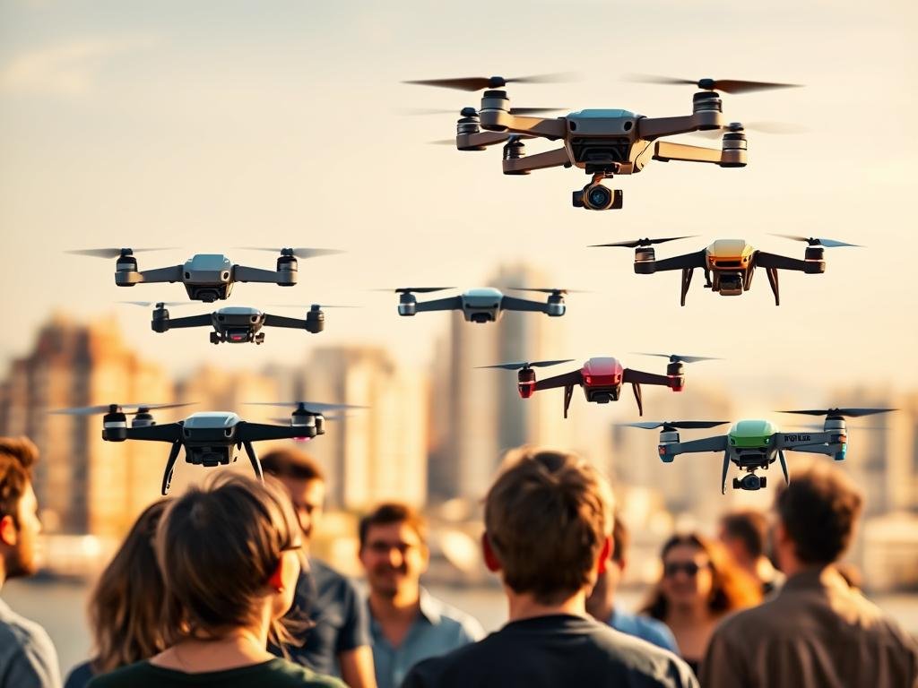 a vibrant collage depicting user reviews of popular budget drones. in the foreground, a group of people excitedly discussing their experiences with compact, colorful drones hovering above them. the middle ground showcases a diverse array of drones in flight, their sleek silhouettes and shimmering details captured through sharp, high-resolution photography. the background features a softly blurred cityscape, hinting at the versatility of these affordable, easy-to-fly machines. warm, natural lighting bathes the scene, creating a welcoming, enthusiastic atmosphere that invites the viewer to explore the world of beginner-friendly drones. a vibrant collage depicting user reviews of popular budget drones. in the foreground, a group of people excitedly discussing their experiences with compact, colorful drones hovering above them. the middle ground showcases a diverse array of drones in flight, their sleek silhouettes and shimmering details captured through sharp, high-resolution photography. the background features a softly blurred cityscape, hinting at the versatility of these affordable, easy-to-fly machines. warm, natural lighting bathes the scene, creating a welcoming, enthusiastic atmosphere that invites the viewer to explore the world of beginner-friendly drones.