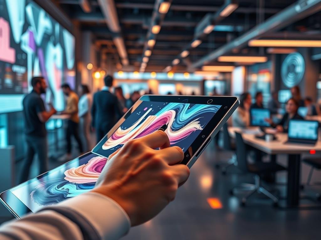 A vibrant, dynamic image showcasing the process of AI-driven content creation. In the foreground, a digital artist manipulates virtual brushstrokes on a sleek, high-resolution tablet, their fingers deftly guiding the creation of a striking visual. In the middle ground, an AI model analyzes the developing artwork, suggesting refinements and enhancements to the composition. The background depicts a bustling, futuristic workspace, filled with gleaming tech and collaborative teams working together to harness the power of AI for innovative content. Warm, ambient lighting illuminates the scene, creating a sense of energy and possibility. The overall mood conveys the seamless integration of human creativity and artificial intelligence, overcoming common challenges to push the boundaries of what's possible in marketing and beyond.