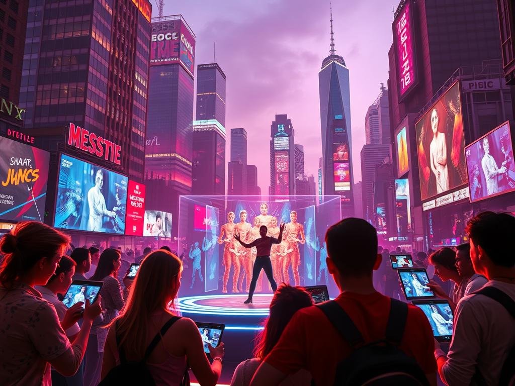 A vibrant, futuristic scene showcasing the integration of machine learning in the entertainment industry. In the foreground, a group of people engaged with various digital devices, their faces illuminated by the glow of responsive, AI-powered interfaces. The middle ground features a holographic stage, where a virtual performer captivates the audience with lifelike movements and seamless interactions, powered by advanced machine learning algorithms. In the background, a cityscape with towering skyscrapers and neon-lit billboards, all of which are intelligently optimized and personalized using machine learning techniques. The scene is bathed in a warm, futuristic lighting, creating a sense of wonder and technological advancement.