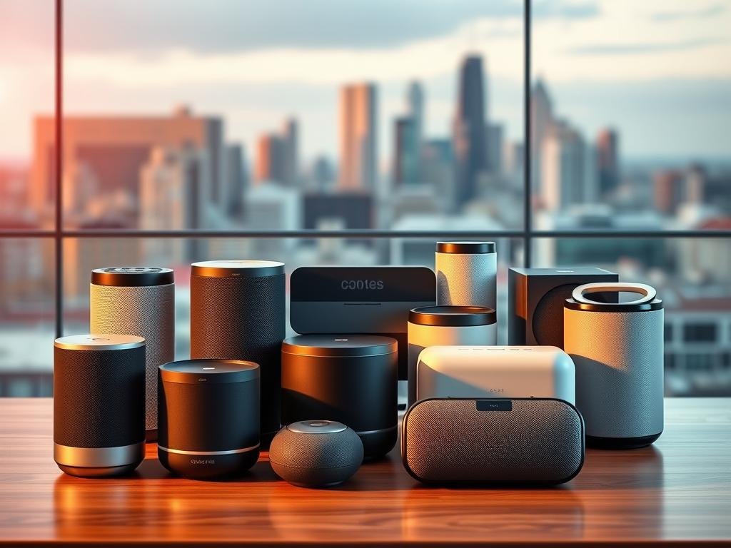a vibrant still life showcasing the most popular bluetooth speaker brands in a sleek, modern setting. an assortment of high-end speakers in various shapes and sizes, artfully arranged on a minimalist wooden table, bathed in warm, directional lighting that accentuates their premium finishes - matte black, brushed aluminum, and glossy white. the speakers are positioned at varying angles, creating a dynamic, visually engaging composition. in the background, a softly blurred urban cityscape provides a stylish, urban backdrop, hinting at the speakers' versatility for both indoor and outdoor use. the overall mood is one of sophistication, technology, and a discerning audiophile sensibility.