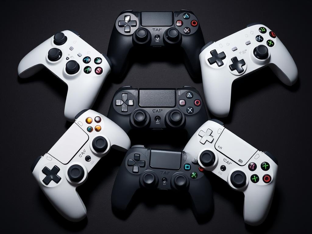 A well-lit close-up shot of an assortment of sleek, modern game controllers on a dark, minimalist background. The controllers are arranged in an aesthetically pleasing, symmetrical composition, showcasing their ergonomic designs, varied colors, and distinctive features such as customizable buttons, touchpads, and joysticks. The lighting is soft and directional, creating dramatic shadows that accentuate the controllers' curves and textures. The overall mood is one of sophistication, technological innovation, and a focus on the tactile, immersive experience of gaming.