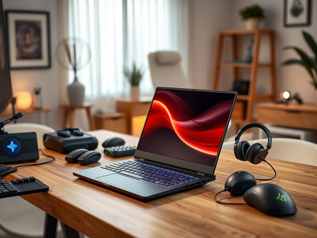 A well-lit, contemporary home office setting with a wooden desk featuring a sleek, high-performance gaming laptop prominently displayed. The laptop is surrounded by various gaming peripherals such as a RGB mechanical keyboard, a precision gaming mouse, and a pair of high-quality headphones. The background showcases a minimalist, modern decor with tasteful accents and subtle lighting, creating a cozy and inviting atmosphere. The overall composition emphasizes the laptop's premium design and positioning it as the focal point, highlighting its capabilities as a capable and affordable gaming machine.