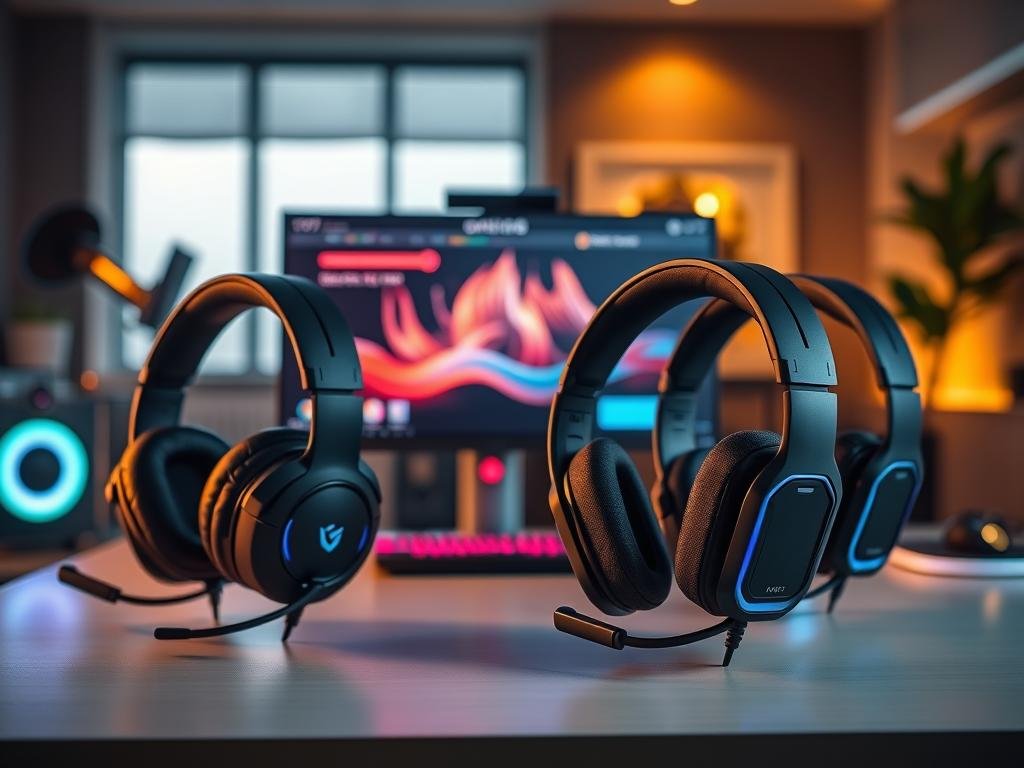 A well-lit desktop setting with multiple high-end gaming headsets arranged artfully. The headsets are in the foreground, showcasing their sleek designs, adjustable headbands, and plush ear cups. In the middle ground, a gaming PC setup with a large, high-resolution monitor, RGB-illuminated peripherals, and a modern, minimalist aesthetic. The background features a softly blurred, modern, and stylish interior, hinting at a professional workspace or a dedicated gaming room. The lighting is warm and slightly directional, creating depth and highlighting the textures and materials of the headsets. The overall mood is one of premium quality, attention to detail, and a passion for immersive gaming audio.