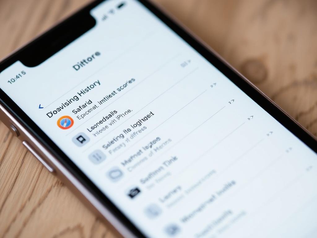 a well-lit, detailed closeup shot of a smartphone screen showing the safari browsing history, with a clean, minimalist interface. the history entries are displayed neatly, with clear timestamps and website titles. the background is blurred, keeping the focus on the phone screen. the overall atmosphere is one of organization and clarity, reflecting the ease of selectively clearing one's internet history on an iphone.