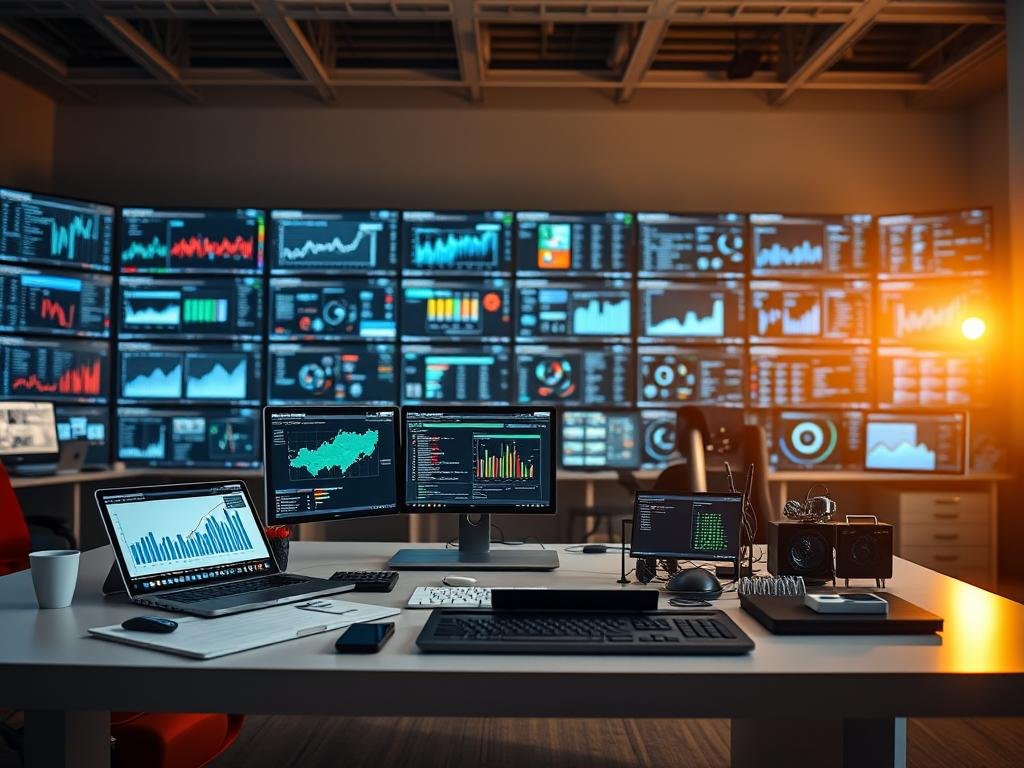 a well-lit, detailed image of a modern data analytics workspace. in the foreground, an array of data visualization tools and ai/ml software platforms laid out on a sleek, minimalist desk. looming in the background, a towering wall of monitors displaying charts, graphs, and machine learning models. ambient lighting casts a warm, productive glow, while the overall composition conveys a sense of efficiency, capability, and technological sophistication essential for advanced data analysis. a well-lit, detailed image of a modern data analytics workspace. in the foreground, an array of data visualization tools and ai/ml software platforms laid out on a sleek, minimalist desk. looming in the background, a towering wall of monitors displaying charts, graphs, and machine learning models. ambient lighting casts a warm, productive glow, while the overall composition conveys a sense of efficiency, capability, and technological sophistication essential for advanced data analysis.