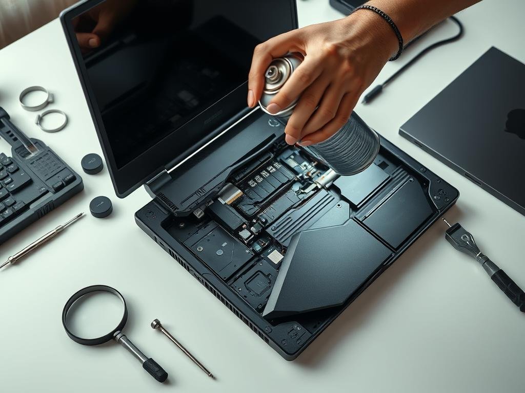 A well-lit, high-angle close-up shot of a gamer's hand meticulously cleaning the interior of a gaming laptop with a can of compressed air. The laptop's sleek, angular chassis is partially disassembled, revealing its intricate components. The work surface is a clean, organized desk with a magnifying glass, screwdrivers, and other maintenance tools neatly arranged. The scene conveys a sense of focused attention and care, highlighting the importance of regular maintenance for optimal gaming performance and longevity of a budget gaming laptop.