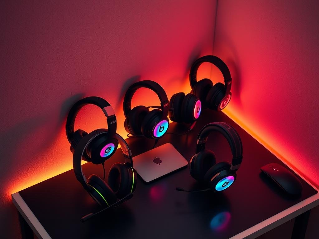 a well-lit, high-angle shot of an array of premium gaming headsets displayed on a sleek, minimalist desk setup. the headsets feature intricate designs with adjustable headbands, padded earcups, and rgb lighting effects that create a mesmerizing glow. the setup is bathed in a soft, warm light, creating a cozy, inviting atmosphere perfect for immersive gaming sessions. the headsets are presented against a backdrop of a neutral, gray wall, allowing the products to take center stage and showcase their advanced features and cutting-edge aesthetics. a well-lit, high-angle shot of an array of premium gaming headsets displayed on a sleek, minimalist desk setup. the headsets feature intricate designs with adjustable headbands, padded earcups, and rgb lighting effects that create a mesmerizing glow. the setup is bathed in a soft, warm light, creating a cozy, inviting atmosphere perfect for immersive gaming sessions. the headsets are presented against a backdrop of a neutral, gray wall, allowing the products to take center stage and showcase their advanced features and cutting-edge aesthetics.
