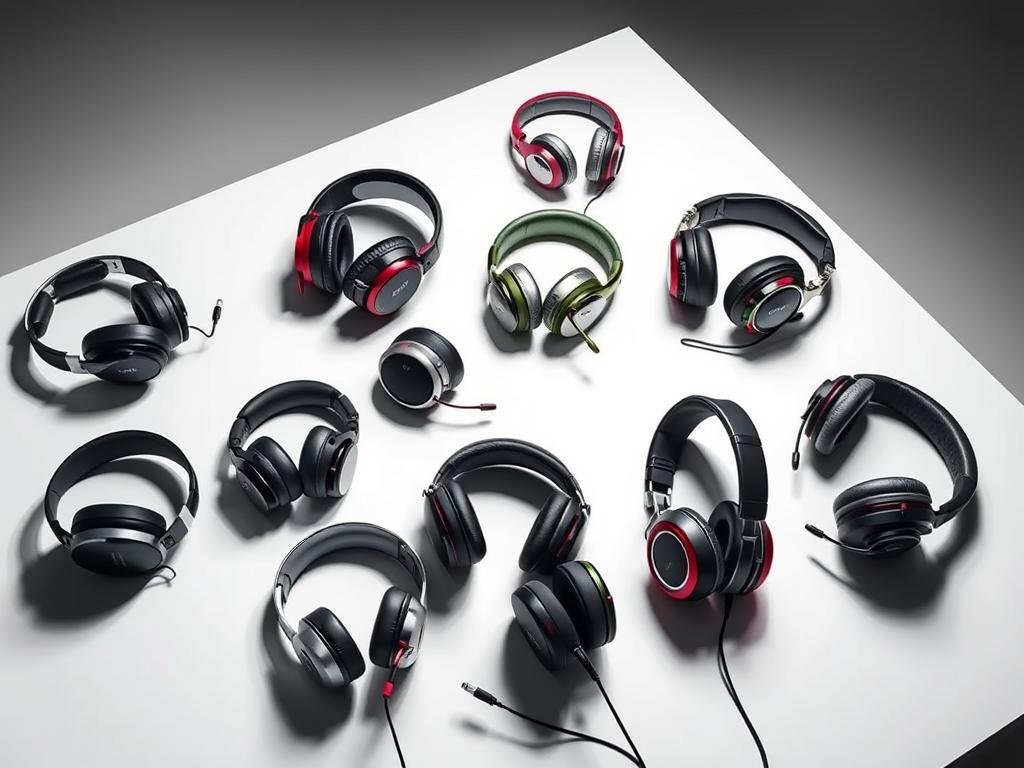 A well-lit, high-angle studio shot of a diverse arrangement of top gaming headsets, including over-ear, in-ear, and wireless models in a range of colors and designs. The headsets are positioned on a sleek, minimalist table or surface, allowing their key features and premium construction to be clearly visible. Crisp lighting accentuates the texture of the materials, such as metal, leather, and high-quality plastics, while subtle shadows create depth and dimension. The overall composition conveys a sense of quality, innovation, and the cutting edge of gaming audio technology.