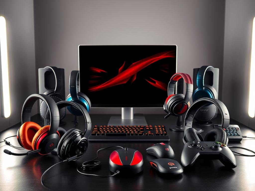 A well-lit, high-resolution image of a meticulously arranged still life featuring an assortment of cutting-edge gaming headsets. The foreground showcases several premium headset models in various bold, contemporary color schemes, their sleek, ergonomic designs and high-quality materials highlighted by strategic studio lighting. In the middle ground, complementary gaming peripherals such as mice, keyboards, and controllers create a cohesive setup, while the background subtly suggests a sophisticated, minimalist workspace or gaming den, creating an aspirational, professional atmosphere.