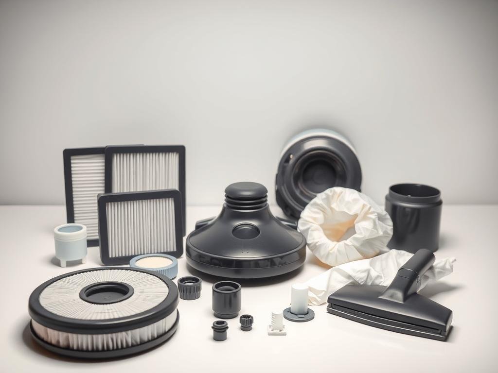A well-lit, high-resolution still life composition featuring an assortment of vacuum cleaner filters, dust bags, and replacement parts arranged on a minimalist white tabletop. The objects are photographed from a slightly elevated angle, creating a sense of depth and emphasizing their intricate textures and forms. The lighting is soft and even, accentuating the delicate details and colors of the various components. The overall mood is one of practical utility and functional simplicity, conveying the importance of maintaining and replacing these essential vacuum cleaner accessories over the lifetime of the device.