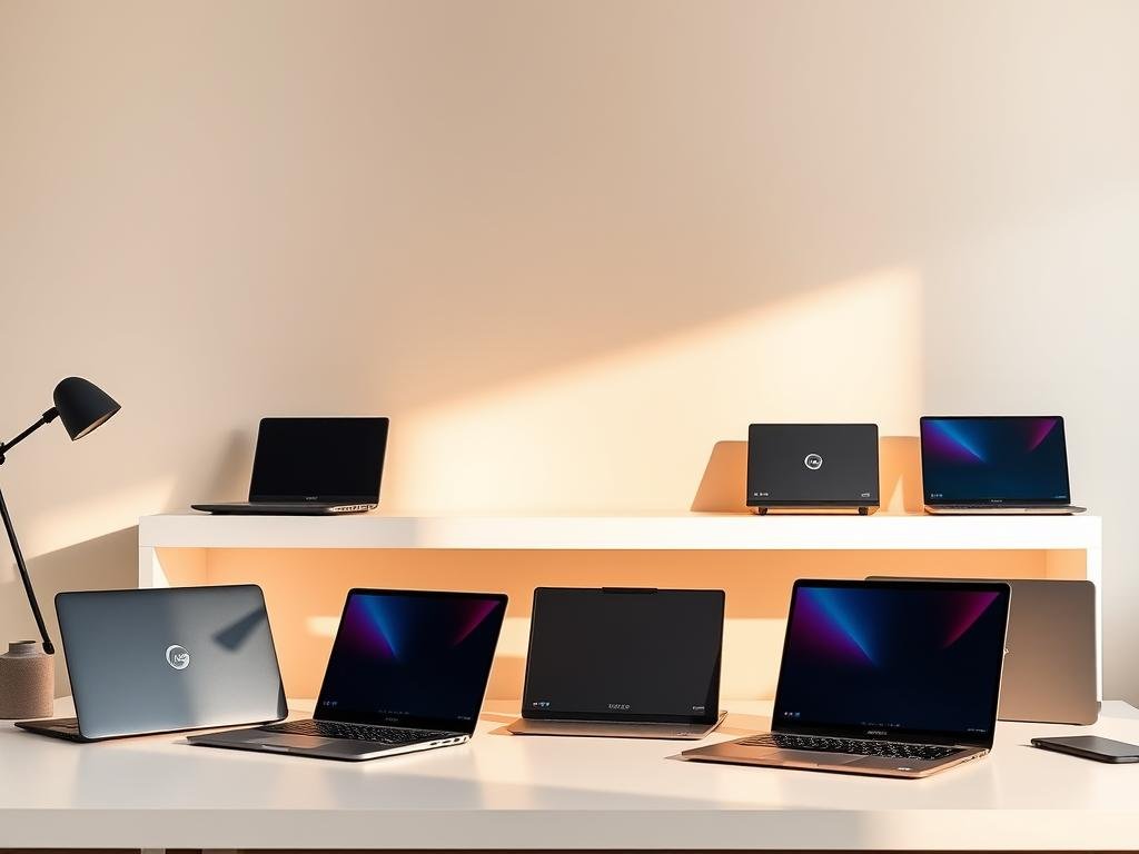 A well-lit, modern workspace with a neatly arranged desk showcasing a collection of sleek, affordable laptops. The laptops are displayed from various angles, highlighting their slim profiles, matte finishes, and minimalist designs. The scene is bathed in warm, diffused lighting, creating a cozy and inviting atmosphere. In the background, a clean, minimalist wall acts as a subtle backdrop, allowing the laptops to take center stage. The overall composition conveys a sense of quality and value, catering to the needs of creators, coders, and gamers on a budget.