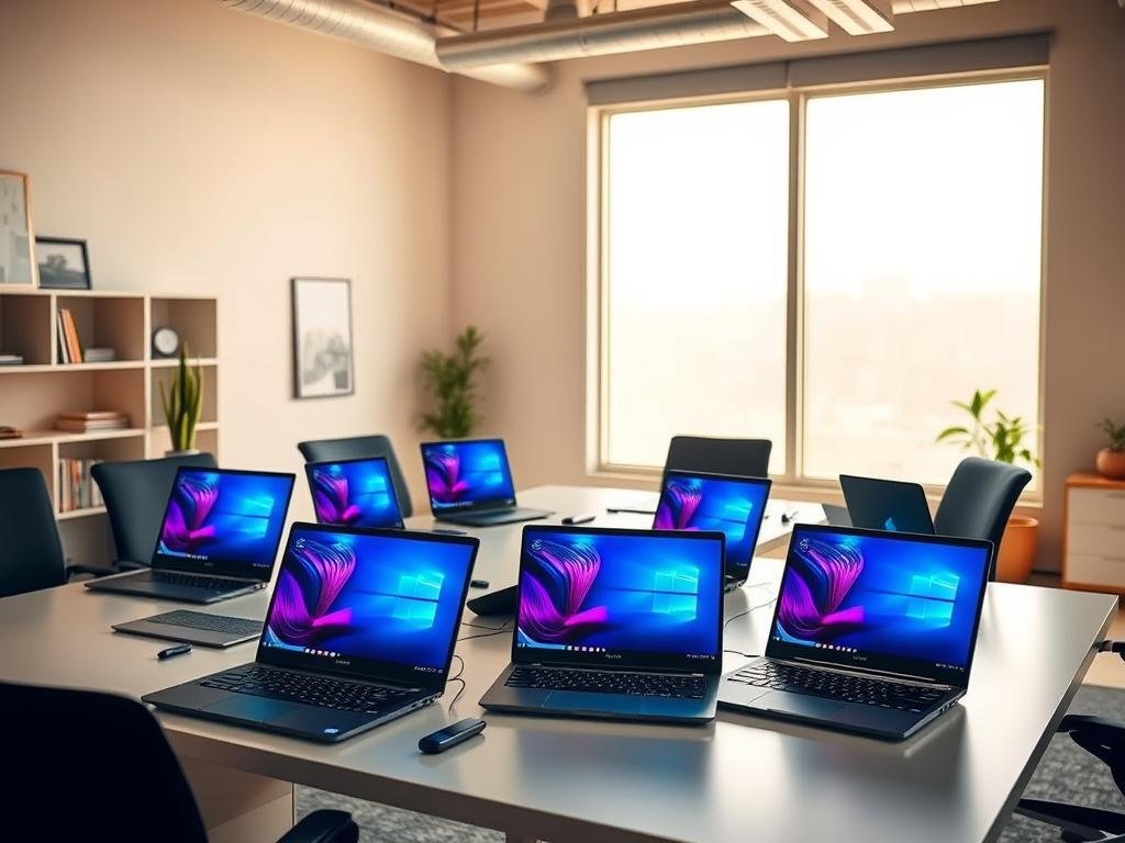 a well-lit office space with a large desk showcasing an array of top-rated laptops for students. the laptops are arranged in a visually appealing manner, highlighting their sleek designs, vibrant displays, and ergonomic features. in the background, a large window provides natural lighting, casting a warm glow over the scene. the room is decorated with minimal, modern elements, creating a clean and focused environment conducive to productivity and study. the overall mood is one of professionalism, efficiency, and the latest technological advancements catered to the needs of the modern student.