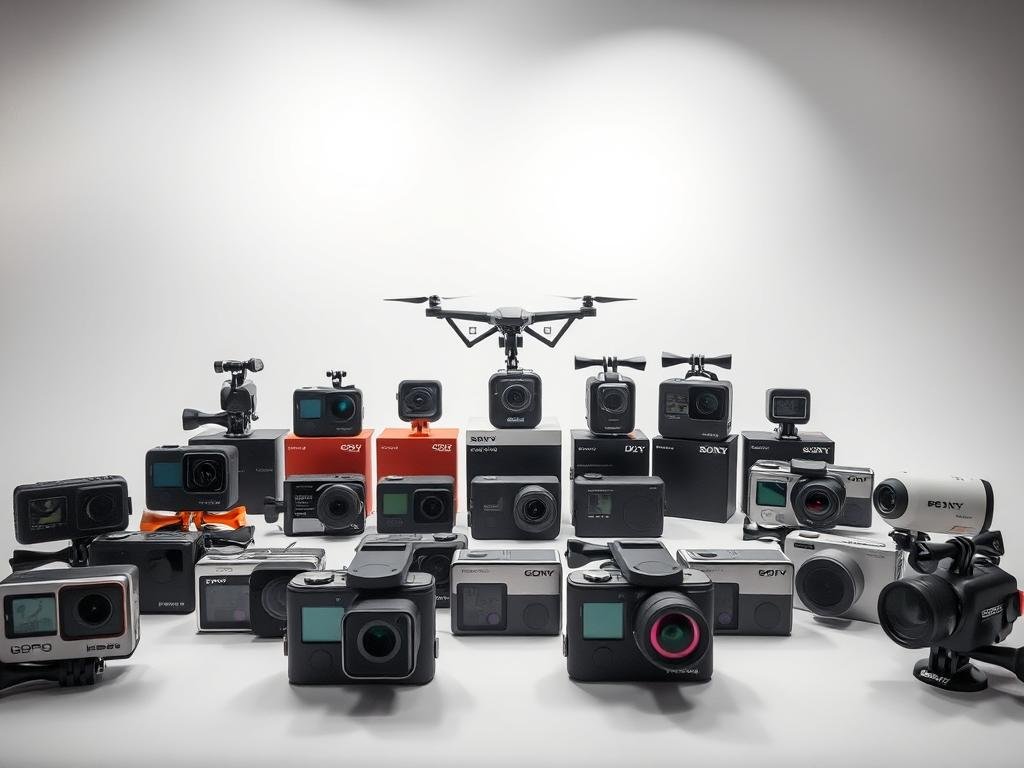 a well-lit studio scene showcasing the top action camera brands. in the foreground, a neatly arranged display of various models from gopro, dji, sony, and insta360, each with their distinct design and features. the middle ground features a clean, minimal backdrop, allowing the cameras to take center stage. soft, directional lighting highlights the textures and colors of the devices, creating a sense of depth and professionalism. the overall atmosphere is one of sleek, technology-driven elegance, inviting the viewer to closely inspect and compare the capabilities of these leading action camera brands. a well-lit studio scene showcasing the top action camera brands. in the foreground, a neatly arranged display of various models from gopro, dji, sony, and insta360, each with their distinct design and features. the middle ground features a clean, minimal backdrop, allowing the cameras to take center stage. soft, directional lighting highlights the textures and colors of the devices, creating a sense of depth and professionalism. the overall atmosphere is one of sleek, technology-driven elegance, inviting the viewer to closely inspect and compare the capabilities of these leading action camera brands.