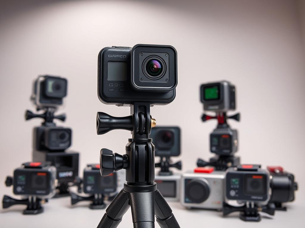 a well-lit studio setting showcasing an array of top-of-the-line action cameras. in the foreground, a sleek, compact camera with a high-resolution sensor and advanced image stabilization sits atop a sturdy tripod, its lens pointed towards the viewer. in the middle ground, a selection of other models in various shapes and sizes, each with distinct features like underwater housing, remote control, and 4k video recording capabilities. the background features a neutral-toned backdrop, allowing the cameras to take center stage. soft, even lighting illuminates the scene, emphasizing the sophisticated design and cutting-edge technology of these professional-grade vlogging tools.