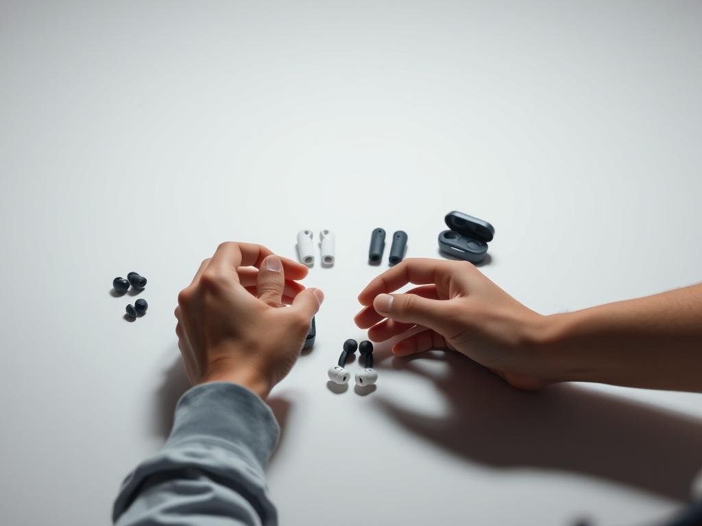 a well-lit studio shot showcasing a person's hands carefully examining and comparing a selection of wireless earbuds on a clean, minimalist surface. the earbuds should be presented in an organized, visually appealing manner, highlighting their design, color, and size variations. the lighting should be soft and directional, creating subtle shadows that accentuate the contours of the earbuds. the angle should be slightly elevated, giving the viewer a sense of consideration and thoughtfulness in the selection process. the overall mood should convey a sense of consideration, deliberation, and the importance of making an informed choice when selecting the right wireless earbuds.