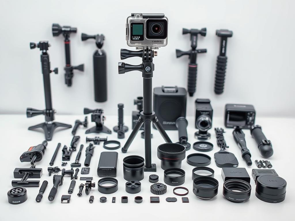 a well-lit tabletop arrangement showcasing a variety of action camera accessories. in the foreground, a sleek action camera mounted on a sturdy tripod, surrounded by a selection of versatile mounts, grips, and stabilizers. in the middle ground, an array of protective cases, filters, and lens accessories, each meticulously placed to highlight their features. the background features a clean, minimalist backdrop, accentuating the technical nature of the gear. the overall mood is one of professionalism and attention to detail, inviting the viewer to explore the essential tools for capturing dynamic action camera footage.