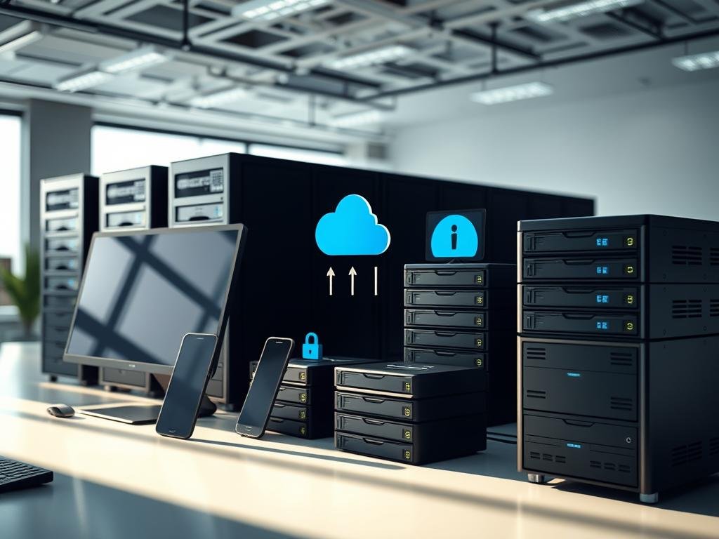 A well-organized data management system, with servers and storage devices arranged in a harmonious layout. Soft, diffused lighting illuminates the scene, casting gentle shadows and highlighting the sleek, modern design. In the foreground, a desktop computer and mobile device seamlessly integrate, symbolizing the effortless flow of data. The middle ground features neatly stacked hard drives and cloud storage icons, representing the secure storage and processing of information. The background showcases a serene, minimalist office environment, emphasizing the simplicity and efficiency of the data management solution. An atmosphere of control, organization, and technological prowess pervades the scene.