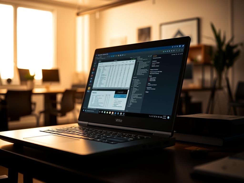 A workspace filled with a sleek, powerful gaming laptop, its screen displaying productivity software like spreadsheets and documents. Warm, indirect lighting illuminates the scene, creating a professional, yet inviting atmosphere. The laptop's metallic chassis reflects the light, hinting at its high-performance capabilities. In the background, a blurred office environment with minimalist decor underscores the versatility of this machine, suitable for both work and play.