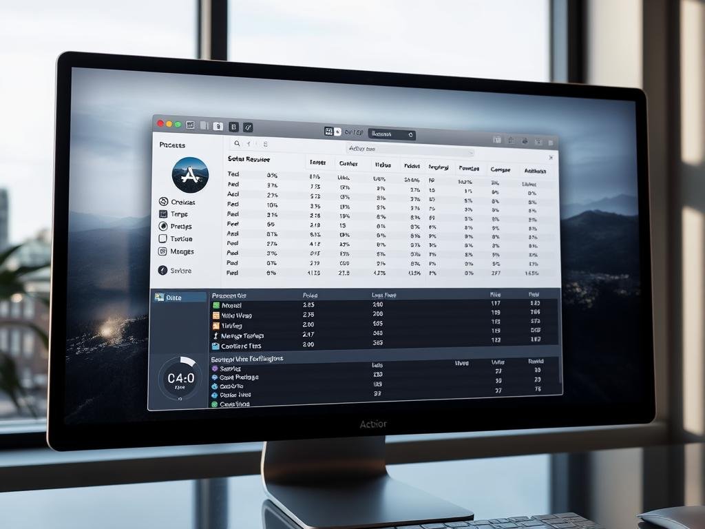 activity monitor on a sleek, modern computer screen, displaying system resource usage, open processes, and performance data. the interface is clean and intuitive, with a dark mode aesthetic. the background features a subtle, blurred cityscape through a window, conveying a professional, work-oriented environment. lighting is soft and directional, casting gentle shadows on the screen. the camera angle is slightly elevated, giving a sense of control and overview. the overall mood is one of productivity, efficiency, and technical mastery, suitable for troubleshooting and managing a mac's performance.