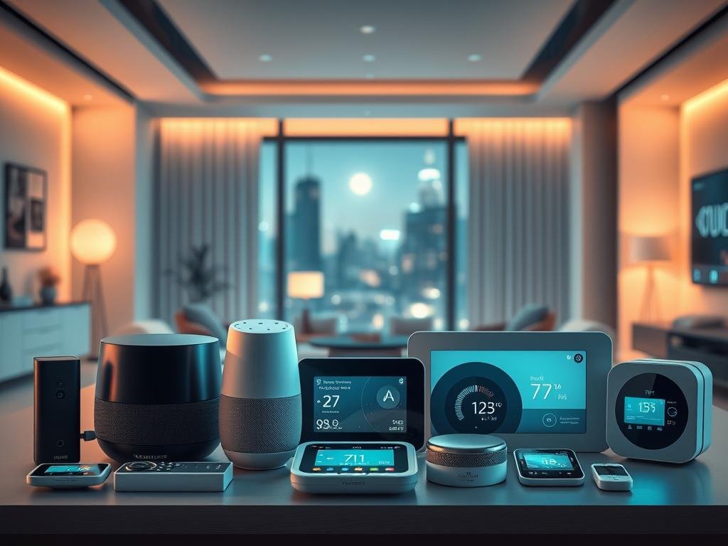 An array of IoT devices arranged in a futuristic smart home setting, bathed in a soft, warm lighting that conveys a sense of security and technology. In the foreground, various smart home gadgets such as a voice assistant, security camera, and smart thermostat are showcased, their sleek designs and glowing interfaces reflecting the advanced nature of the IoT ecosystem. In the middle ground, a minimalist, modern home interior with clean lines and neutral tones provides the backdrop, while the background features a cityscape with skyscrapers and glowing windows, hinting at the interconnectedness of the IoT world. The overall atmosphere should exude a sense of technological sophistication, efficiency, and the seamless integration of IoT devices into the everyday home environment.