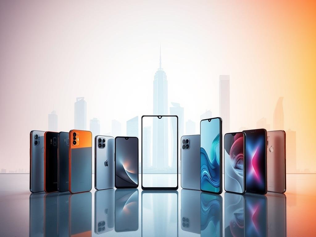 an array of sleek, cutting-edge flagship smartphones displayed against a backdrop of a futuristic, minimalist cityscape. the devices are illuminated by a soft, warm light, casting subtle shadows that highlight their premium metallic and glass construction. the scene conveys a sense of sophistication and technological advancement, reflecting the pinnacle of mobile device design and engineering in the year 2025. the phones are arranged in a dynamic, visually compelling composition, allowing the viewer to appreciate their distinct design elements and features. the overall mood is one of elegance, innovation, and a glimpse into the future of premium mobile technology.