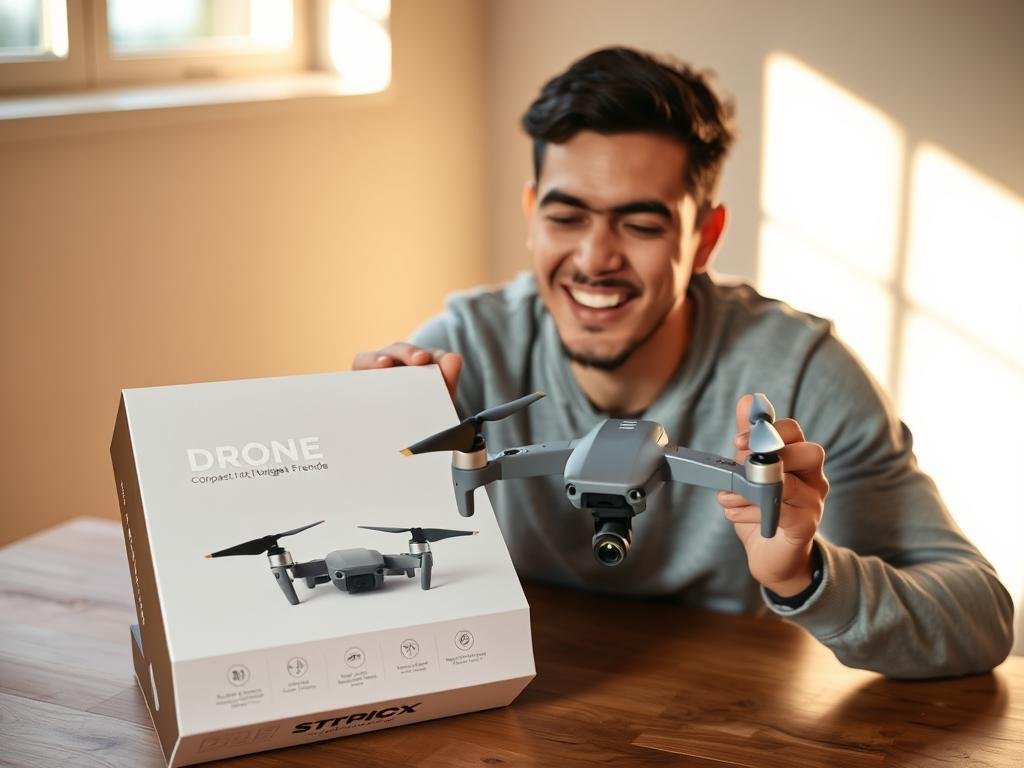 an enthusiastic individual unboxing a sleek, compact drone on a wooden table, bathed in warm, natural lighting from a large window. the drone's box displays its key features - compact, budget-friendly design, simple controls, and camera capabilities. the person's expression conveys a sense of excitement and anticipation as they carefully remove the drone, examining its components with a keen eye. the background is minimalist, allowing the focus to remain on the unboxing experience, showcasing the accessibility and appeal of this budget-friendly drone for new pilots. an enthusiastic individual unboxing a sleek, compact drone on a wooden table, bathed in warm, natural lighting from a large window. the drone's box displays its key features - compact, budget-friendly design, simple controls, and camera capabilities. the person's expression conveys a sense of excitement and anticipation as they carefully remove the drone, examining its components with a keen eye. the background is minimalist, allowing the focus to remain on the unboxing experience, showcasing the accessibility and appeal of this budget-friendly drone for new pilots.