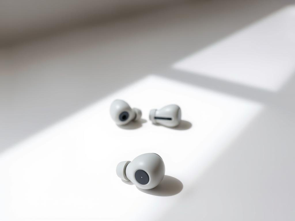 crisp white background, soft shadows. foreground features a pair of sleek, modern noise-cancelling earbuds in a neutral color, with a minimalist, elegant design. mid-ground shows the earbuds' various control buttons and ports, highlighting their technical capabilities. background subtly depicts sound waves or ripples, conveying the essence of noise cancellation technology. lighting is natural and diffused, creating a clean, high-quality product shot. the overall atmosphere is one of simplicity, functionality, and technological sophistication, reflecting the common misconceptions about noise-cancelling earbuds.