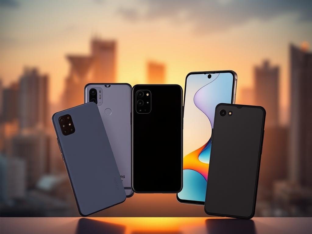 five budget 5g smartphones arranged in a diagonal grid, backlit by a warm glow and set against a blurred cityscape in the background. the phones are depicted from a slightly high angle, with clean lines and minimalist design showcasing their sleek profiles. soft shadows and highlights accentuate the curved glass surfaces and metal frames, creating a sense of depth and dimensionality. the overall mood is one of modern technology and affordable innovation, inviting the viewer to compare and contrast the key features of these next-generation mobile devices.