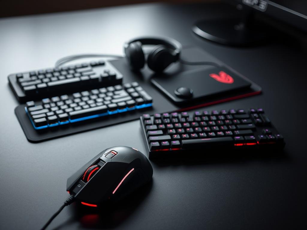 Pristine gaming laptop accessories laid out on a sleek, dark surface. In the foreground, a high-end gaming mouse, precise and responsive, with angular design and LED accents. Beside it, a mechanical keyboard with customizable RGB backlighting, offering a tactile typing experience. In the middle ground, a premium gaming headset with surround sound and noise-cancelling microphone, ready to immerse the player in the game's audio. In the background, a compact, streamlined laptop cooling pad with adjustable fan speeds, maintaining optimal temperatures for peak performance. Soft, directional lighting illuminates the setup, creating a moody, atmospheric scene that evokes the thrill of the gaming experience.