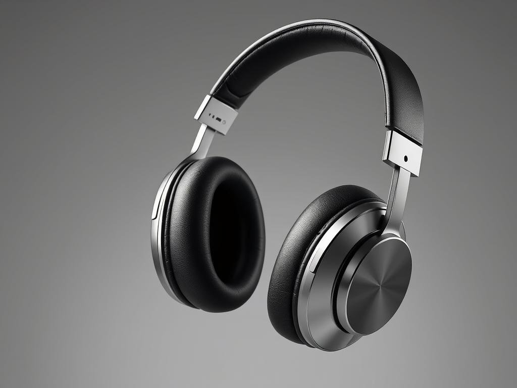 sleek and modern headphones float in a minimalist, well-lit studio setting. the headphones are rendered in high detail, showcasing their metallic accents, soft leather earcups, and clean lines. the background is a softly-lit, neutral gray, allowing the headphones to be the focal point. subtle shadows and highlights add depth and dimension, creating a premium, professional appearance. the overall mood is sophisticated and contemporary, perfectly capturing the essence of the latest headphone technology for 2023.
