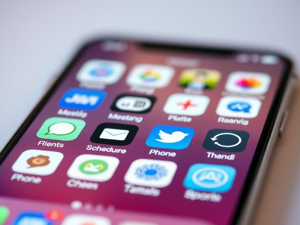 third-party apps on a sleek, minimalist iphone interface, with a soft, warm lighting illuminating the app icons. the foreground features a grid of high-quality, visually striking app icons representing various messaging, scheduling, and productivity tools. the middle ground showcases the iphone's clean, intuitive design, with a subtle depth of field blurring the background. the background maintains a subtle, uncluttered elegance, allowing the apps to take center stage. the overall mood is one of efficiency, simplicity, and the seamless integration of technology into everyday life.