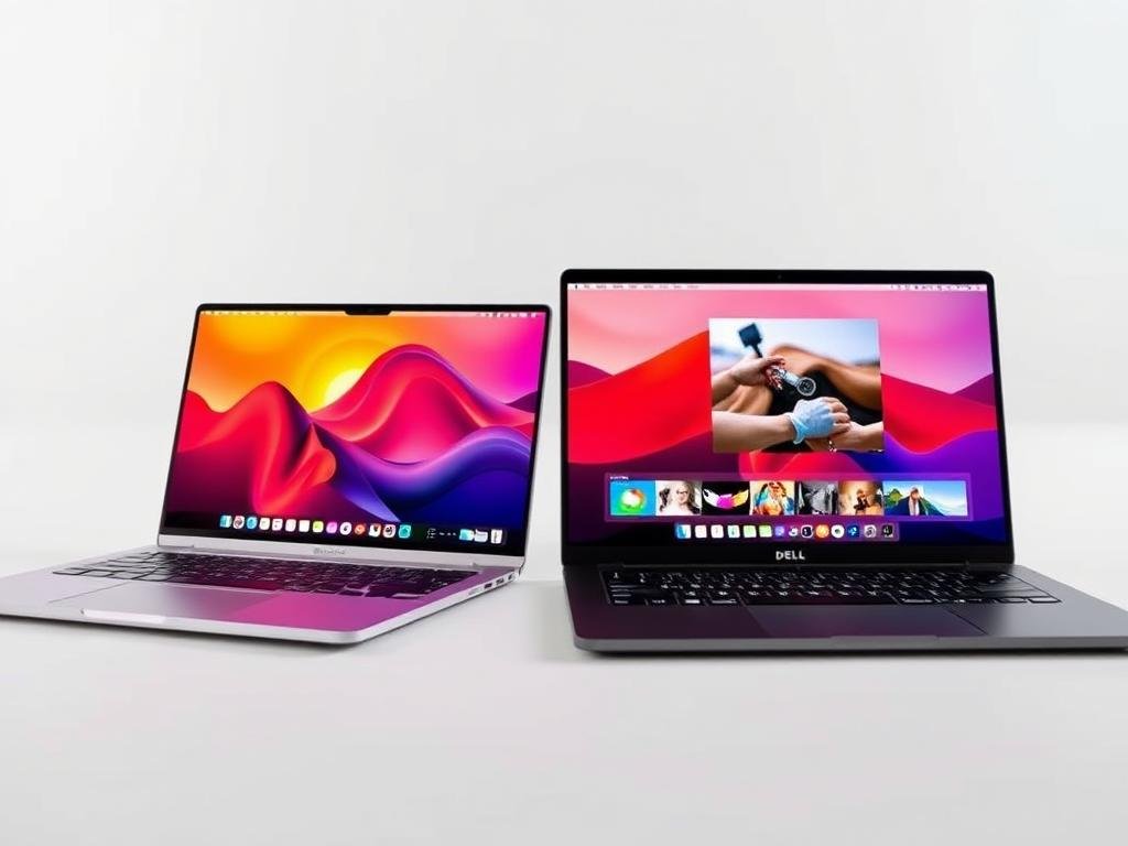 Two sleek laptops side-by-side, their displays illuminated with vibrant colors and crisp details. In the foreground, the M2 MacBook Air and Dell XPS laptops are positioned at a slight angle, showcasing their distinctive designs and screen sizes. The middle ground captures the laptops' screens, displaying high-resolution images and videos, highlighting the display quality and clarity. The background is a minimalist, well-lit studio setting, creating a clean and professional atmosphere. Soft, directional lighting accentuates the laptops' surfaces, emphasizing their premium materials and attention to detail. The scene conveys a sense of comparison and evaluation, inviting the viewer to assess the display capabilities of these two powerful laptops.