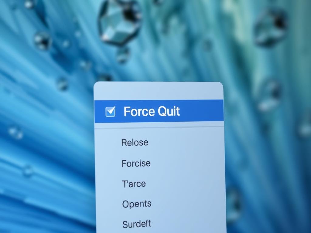 a detailed, high-resolution image of the apple menu on a macos desktop, showing the "force quit" option clearly displayed in the menu. the menu should be the focal point, presented in a clean and minimalist style with a soft, subtle lighting that highlights the text and icons. the background should be a blurred, out-of-focus desktop environment, giving the impression of a real-world setting. the overall composition should convey a sense of functionality and ease of use, with the "force quit" option standing out as the primary point of interest.