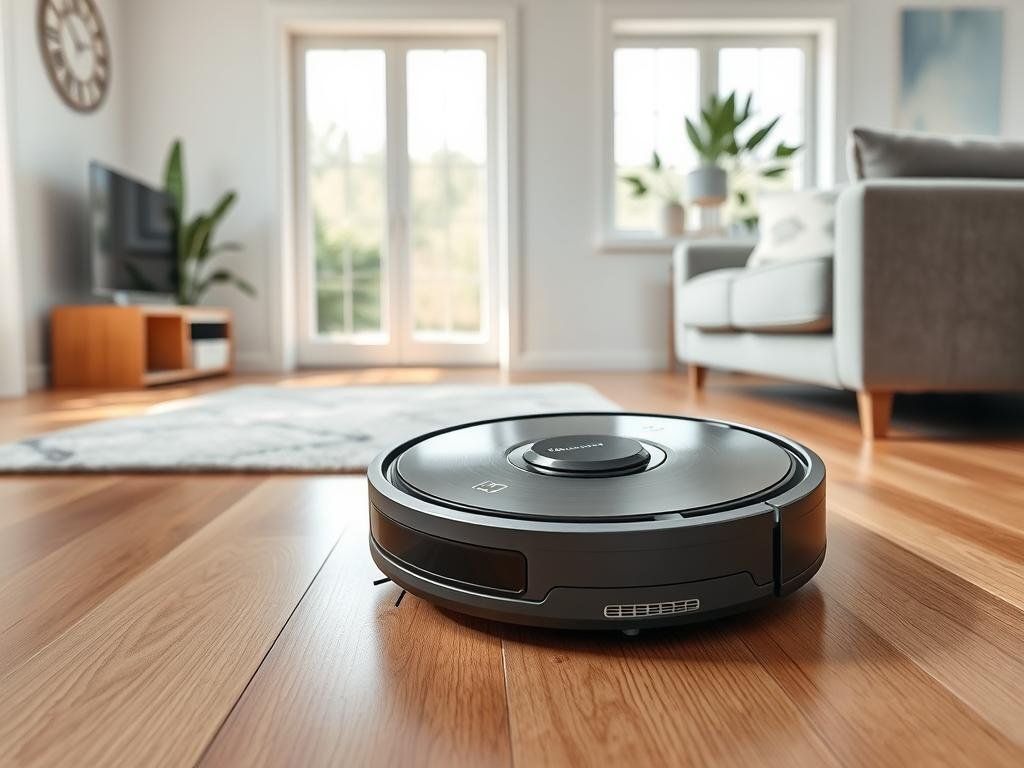 a detailed, photorealistic image of the best robot vacuum for a smart home, set against a clean, minimalist background. The robot vacuum is the focal point, prominently displayed in the center of the frame. It has a sleek, modern design with a glossy finish, various sensors, and a powerful suction mechanism. The robot moves gracefully across a hardwood floor, effortlessly navigating around furniture and obstacles. Bright, natural lighting from windows highlights the robot's features and creates subtle shadows. The overall mood is one of efficiency, intelligence, and seamless home automation.