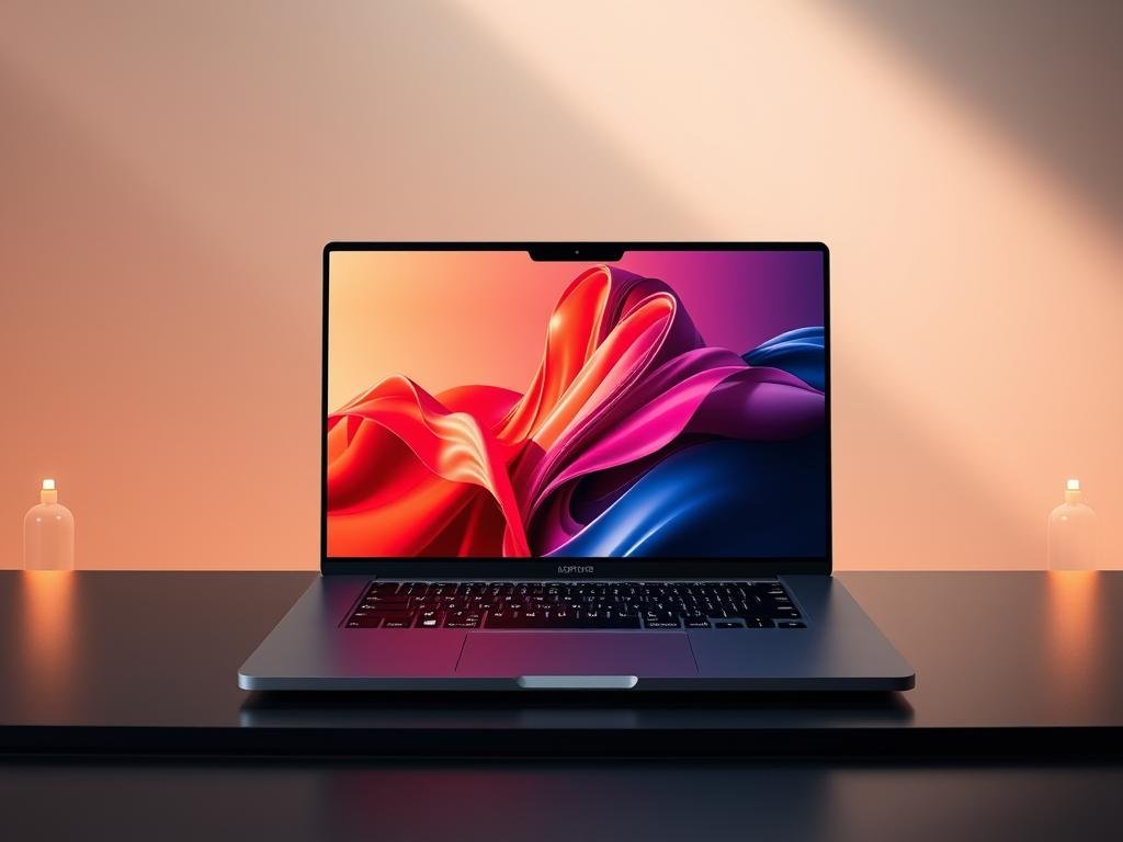 a highly detailed and photorealistic image of a laptop display with a sophisticated, sleek design and exceptional image quality. The screen shows a vivid, color-accurate rendering of a digital artwork or photography project, showcasing the display's wide color gamut, high dynamic range, and excellent contrast. The laptop is positioned on a minimalist, matte-black desk or table, with soft, warm lighting illuminating the scene from the sides and above, creating a clean, professional atmosphere. The overall composition emphasizes the display's central role, capturing the attention of the viewer and highlighting the laptop's capabilities as a creative tool.