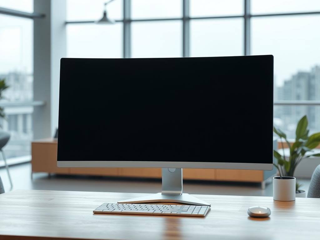 a highly detailed, photorealistic image of a clean and organized desktop computer setup. the foreground shows a modern, sleek silver or aluminum desktop computer with a minimalist design, placed on a wooden or glass desk. the middle ground features a high-resolution, ultra-wide curved monitor with a crisp, clear display. the monitor's screen shows a simple desktop interface, with no overlaid text or graphics. the background depicts a modern, well-lit home or office environment, with large windows providing natural lighting and a view of an urban or natural landscape. the entire scene has a sense of elegance, efficiency, and attention to detail, conveying a professional and productive atmosphere.