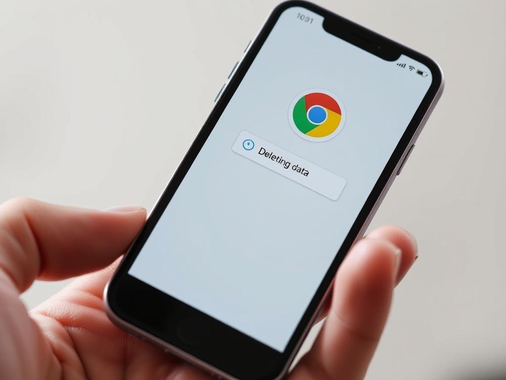 a highly detailed, photorealistic image of an iphone device with the chrome web browser app open, showcasing the chrome app interface and layout. the iphone is held in a person's hand, against a clean, minimalist background with natural lighting and subtle depth-of-field effect to draw the viewer's attention to the open chrome app. the image should convey a sense of simplicity and ease of use, reflecting the "delete browsing data in chrome on iphone" section of the article.