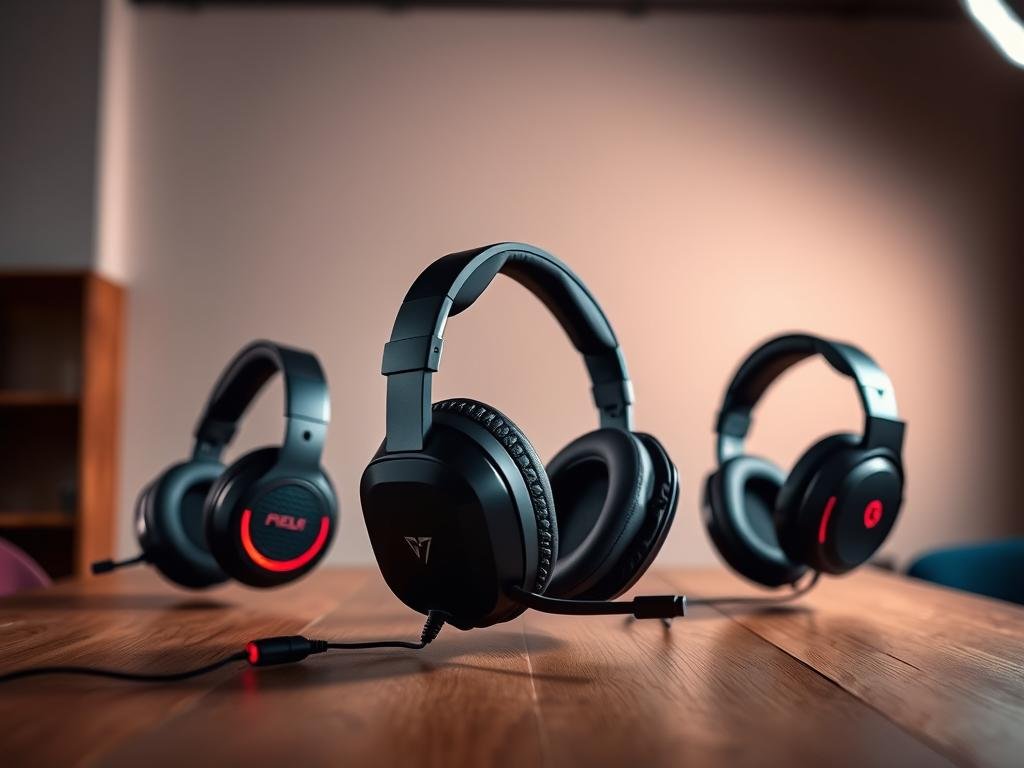a professional photography of a set of three gaming headsets on a wooden table in a well-lit studio, shot with a high-quality camera lens with a shallow depth of field, showcasing the sleek and modern design of the headsets against a clean and minimalist background, with warm and natural lighting that highlights the textures and materials, creating a premium and aspirational feel for the "Top Gaming Headsets Under $50" section