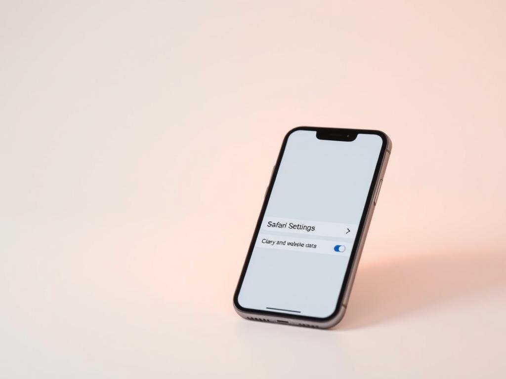 a serene, minimalist setting featuring a sleek iphone device against a white background, the screen displaying the safari settings interface with the "clear history and website data" option prominently highlighted. the scene is bathed in warm, diffused lighting, creating a sense of focus and clarity. the iphone is positioned at a slight angle, emphasizing its elegant design. the overall composition conveys a clean, user-friendly experience, reflecting the simplicity of the task at hand - deleting iphone internet history through the safari settings.
