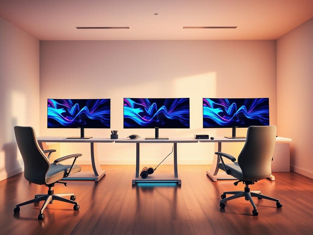 a well-lit, spacious room with modern gaming monitors arranged in a visually appealing display. the monitors are positioned on a sleek, minimalist desk, surrounded by ergonomic chairs and subtle RGB lighting. the monitors showcase high-resolution displays, fast refresh rates, and vibrant color reproduction, creating an immersive visual experience. the overall setup exudes a sense of sophistication and attention to detail, reflecting the latest advancements in gaming display technology. the room is bathed in warm, natural lighting, accentuating the clean lines and premium materials of the setup. the composition emphasizes the visual appeal and performance capabilities of the gaming monitors, inviting the viewer to imagine themselves in this state-of-the-art gaming environment.
